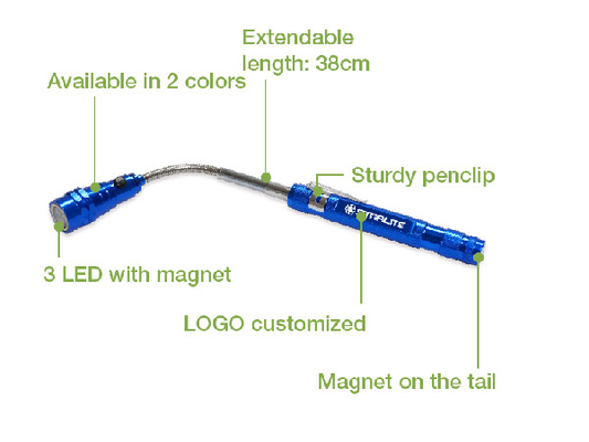 Verlengbaar Telescopisch Magnetisch Geleid Flitslicht 38cm het Materiaal van de Aluminiumlegering